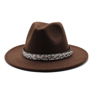 Detail of a dark brown wool fedora hat featuring a stylish snakeskin patterned band and gold stud