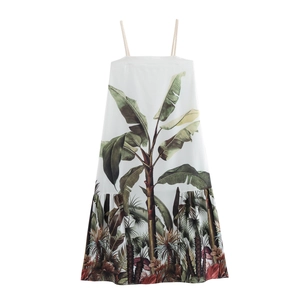 Women Tropical Banana Leaf Print Maxi Dress Polyester Hemp Rope Straps Loose High Waist Summer Resort Holiday Skirt