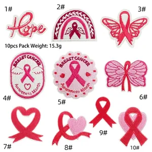 Close-up of 10-piece breast cancer awareness patches featuring pink ribbons and hearts