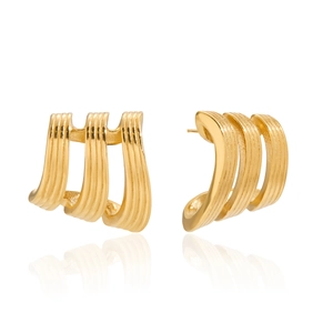 Élégantes boucles d'oreilles créoles dorées en acier à triple couche nervurée