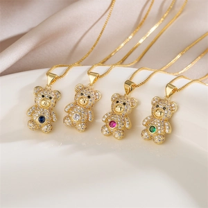 Teddy Bear Pendant Necklace Copper Gold Plated Colorful Cubic Zirconia Micro-Inlaid Animal Shape Fashion Jewelry For Women