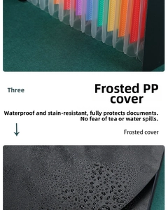 Detail view of black matte PP expanding file folder with waterproof surface and color tabs