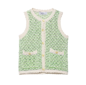 Women Retro Hollow Out Knitted Vest Cardigan Elegant Striped Sleeveless Top With Gold Buttons Casual Knitwear Vest