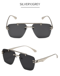 Detailed front and 45-degree angle view of rimless silver sunglasses with grey lenses