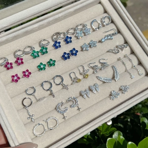 S925 sterling silver earrings set with colorful cubic zirconia in velvet jewelry box