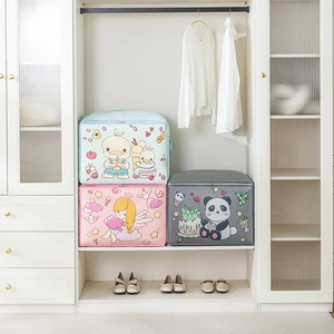 Detail of cartoon storage bags in closet showing various colors and cute character prints