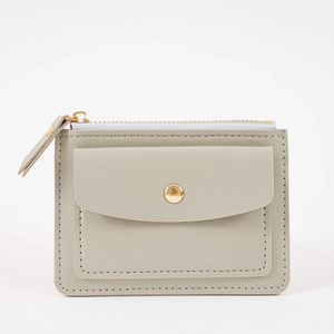 Sage green multifunctional leather card wallet with snap button and zipper closure for women