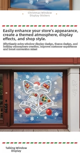Close-up of static Christmas window decal with white bell, red baubles and Merry Christmas text