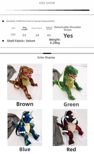 Detailed size chart and four color options for the plush dinosaur velvet backpack