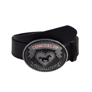 Black leather belt with oval Cowgirl Up buckle featuring horse and floral patterns