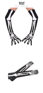 Detail of 50cm long Halloween skeleton gloves featuring high-contrast white bone prints