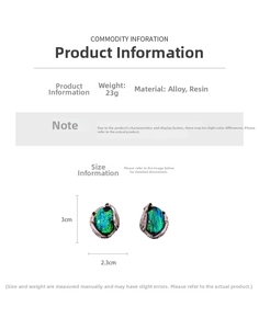 Macro detail of vintage resin earrings featuring iridescent green finish and alloy inlay