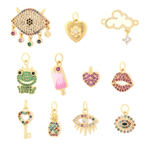 Set of 12 gold-plated charms with colorful zirconia in evil eye and heart shapes