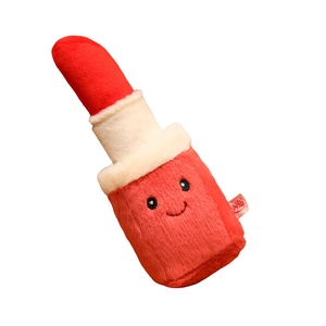 Creative lipstick plush doll keychain toy in red and white with a cute smiling face