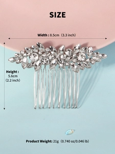 Detail view of silver crystal hair comb with dimensions 8.5cm by 5.6cm and 21g weight