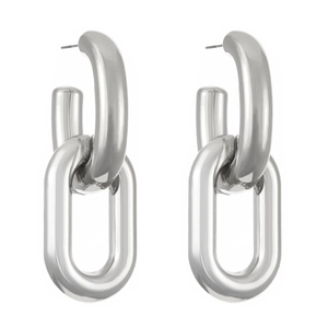 Detailed view of silver thick chain link earrings with polished metallic finish
