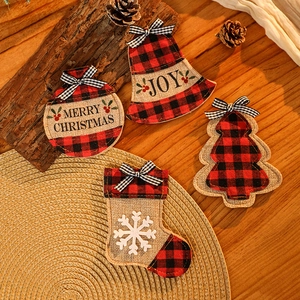 Rustic buffalo plaid Christmas ornaments set with burlap and festive embroidery details