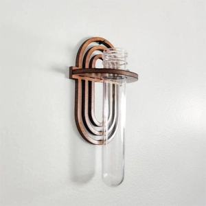 Close-up of arched wood wall hanger with transparent glass test tube vase for hydroponics