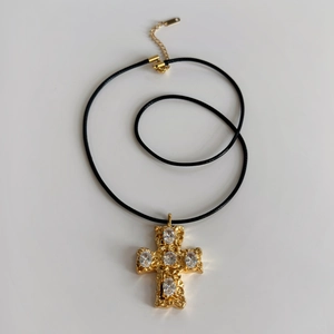 Baroque style 18k gold plated cross pendant necklace with crystals on black leather cord