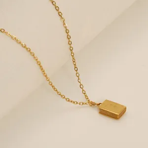 18K gold plated book locket necklace with inspirational engraving on dainty chain