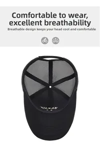 Detail of breathable black mesh trucker hat with gold Mexico embroidery on the inner brim