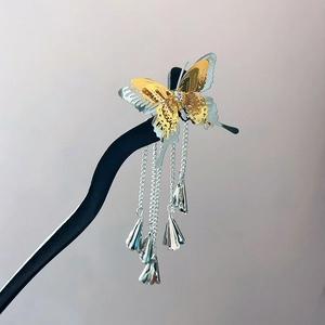 Detail der Schmetterlings-Haarnadel mit silbernen Quasten und weißem Kristallbesatz