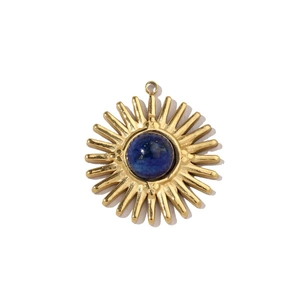 Golden sun pendant featuring a round blue lapis lazuli stone inlay on white background