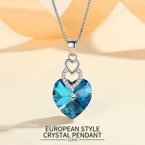 Heart Of The Ocean Pendant Necklace 925 Sterling Silver Blue Austrian Crystal Zircon Heart Shaped Jewelry Gift For Women Trendy Elegant