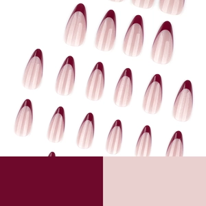 French almond press-on nails in burgundy wine red with fine glitter and pink base
