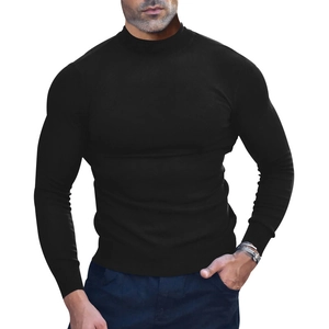 Men's slim fit long sleeve black knit undershirt with a mock neck semi-turtleneck