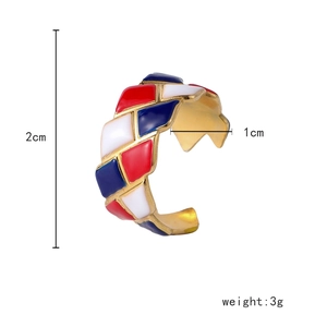 Colorful enamel hollow ring in gold finish with red, white and blue geometric patterns