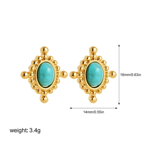 Detailed view of vintage oval turquoise studs in 18K gold finish with size and weight info