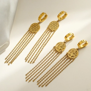 Tree Of Life Tassel Earrings Stainless Steel Gold Plated Geometric Hollow Vintage Drop Dangle For Women