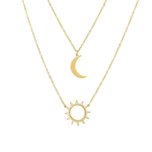 Collier double rang en acier inoxydable doré avec pendentifs célestes soleil et lune
