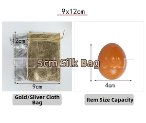 Size comparison of 9x12cm gold and silver metallic drawstring pouches with an egg