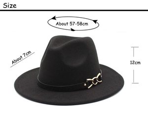 Detailed size guide for black wool fedora featuring crown height and brim measurements