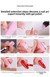 Step-by-step tutorial showing poly gel nail extension application with clear molds and red polish