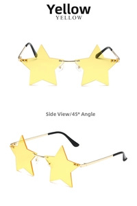 Front and 45-degree side view of yellow star-shaped rimless party sunglasses with gold arms