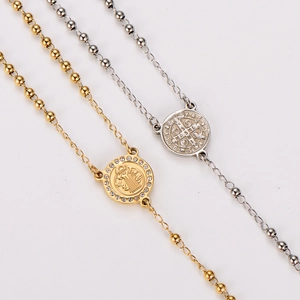 Religious 304 Stainless Steel Rosary Necklace With Rhinestone St Benedict Medal And Cross Pendant Unisex Fashion Jewelry