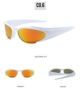 Three-way display of white wrap-around cycling sunglasses with orange mirrored lenses
