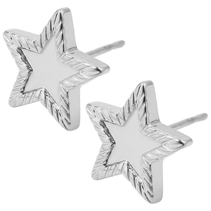 Macro shot of silver star stud earrings with radial textured layers and polished finish