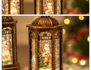 Close-up of vintage bronze Christmas lantern featuring Santa Claus and floating glitter