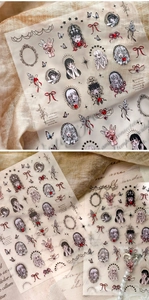 Gothic girl ghost stickers with red bows and frames on silk for Halloween DIY