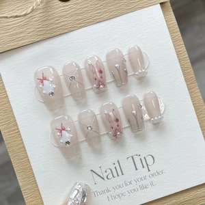 Handmade Press On Nails Pink Nude Long Coffin Fake Nails With Rabbit Bow Artificial Pearl Rhinestone Decoration For Women