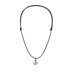 Detailed view of silver stainless steel anchor pendant with adjustable black wax rope cord