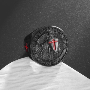 Black stainless steel armor of God shield ring with engraved Bible verses for men