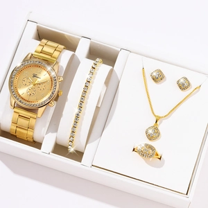 Detailed luxury gift set including gold quartz watch, tennis bracelet, and necklace