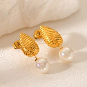 Elegant 18k gold plated stainless steel teardrop pearl earrings with textured finish
