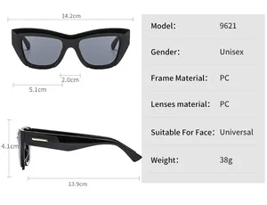 Detailed size chart and dimensions of the thick cat eye frame sunglasses model 9621