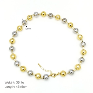 Detailed view of 12mm gold and silver mixed beads necklace with dimensions and weight info